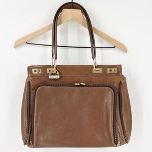Lancel Paris Brown Leather Satchel Handbag Lison Turn Lock Y2K